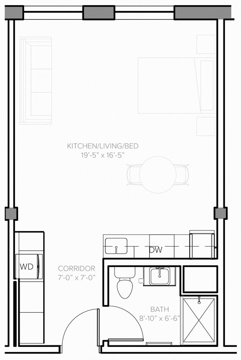Floor plan for studio, 1 bath, 430 sqft